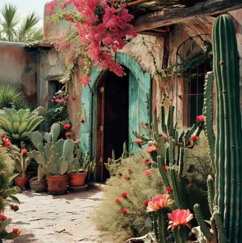Courtyard with turquoise doors, potted succulents and a tall cactus